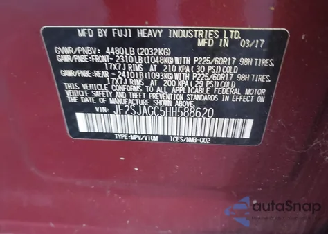 2017 Subaru Forester 2.5I Premium from USA, damaged, VIN JF2SJAGC5HH588620